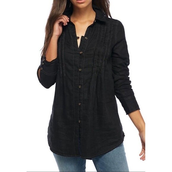 FREE PEOPLE Womens Shirt Breezy Morning Relaxed Casual Black Size Small Buttons - Picture 2 of 11